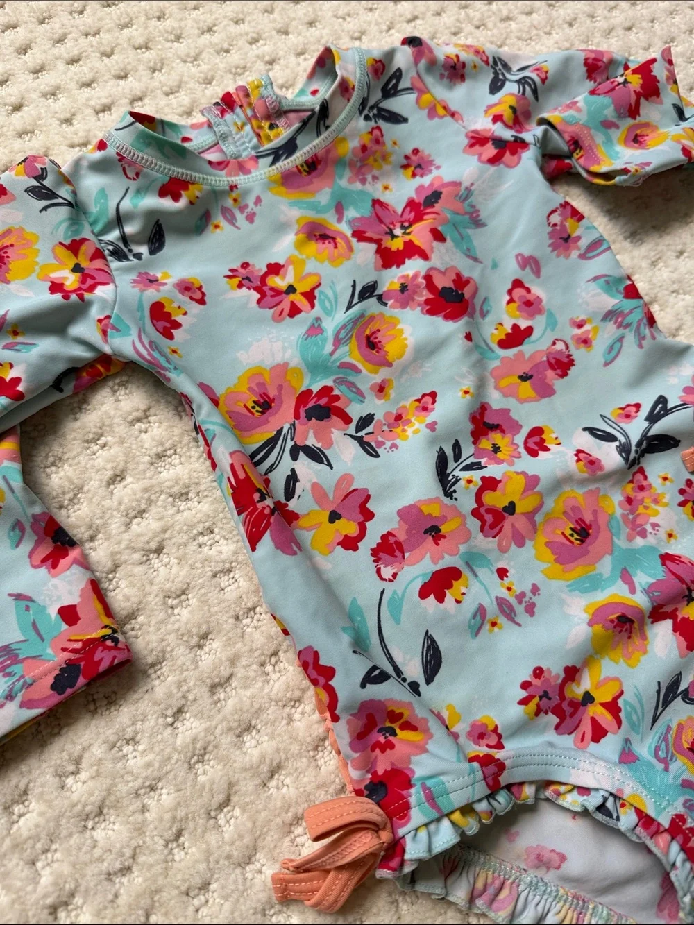 Ruffle Butts Aqua Floral Long-Sleeve Swim One-Piece with Pink and Yellow Flowers
